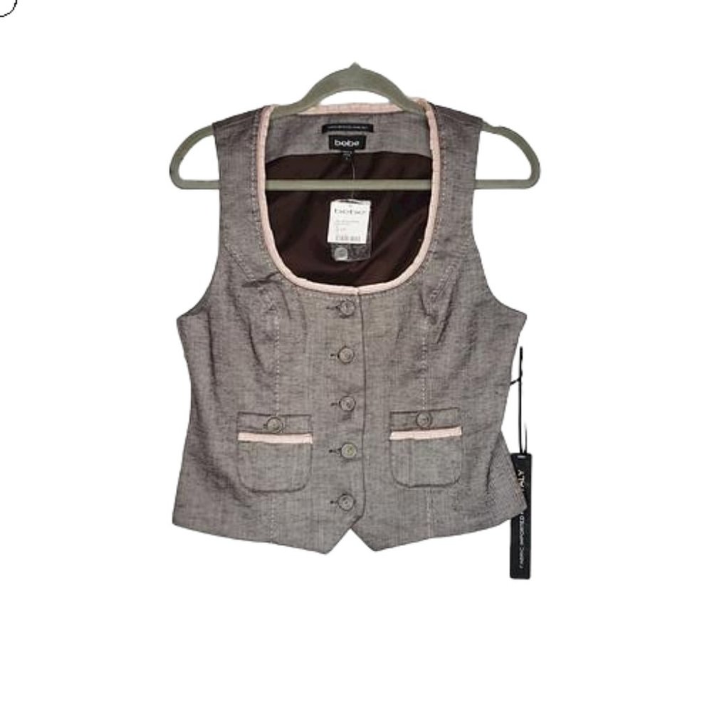 [10] Bebe - Contrast Trim Bustier Vest Linen Button Front Brown Pink
